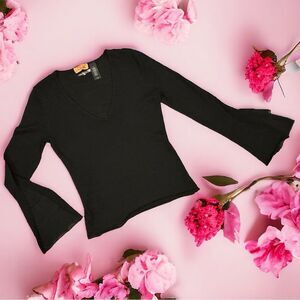 Vtg Y2K DNKY Jeans Black Wool Pullover Tiered Bell Chiffon Sleeves Sz M